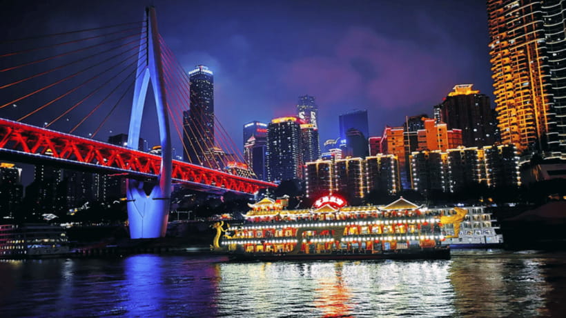 Chongqing: Two Rivers Night Cruise- Yangtze & Jialing Rivers - The skyline, bridges, and Grand Theatre views