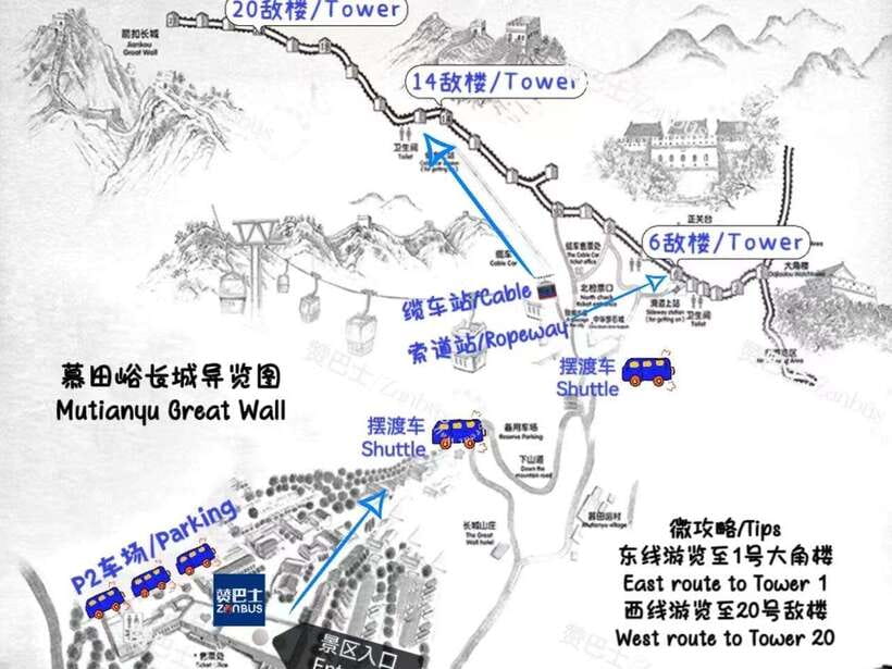 Mutianyu Great Wall Bus, Departure 8/9/10am, Return 3/4/5pm - Five hours at Mutianyu, and how to use them
